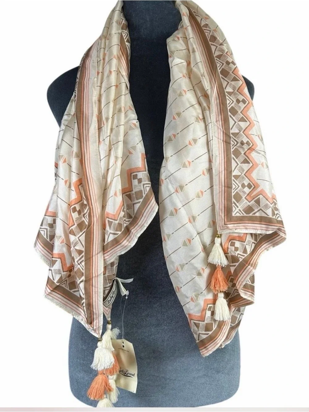 Lucky Brand Beige and Coral Geometric Tassel Scarf